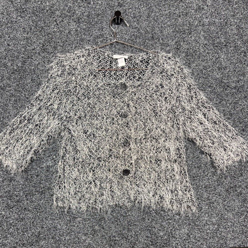 Gantos Vintage Black White Eyelash Knit Fuzzy Cardigan Sweater Large 1K27 USA